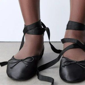 ZARA BOW BLACKED LACE UP BALLERINA FLATS NWT